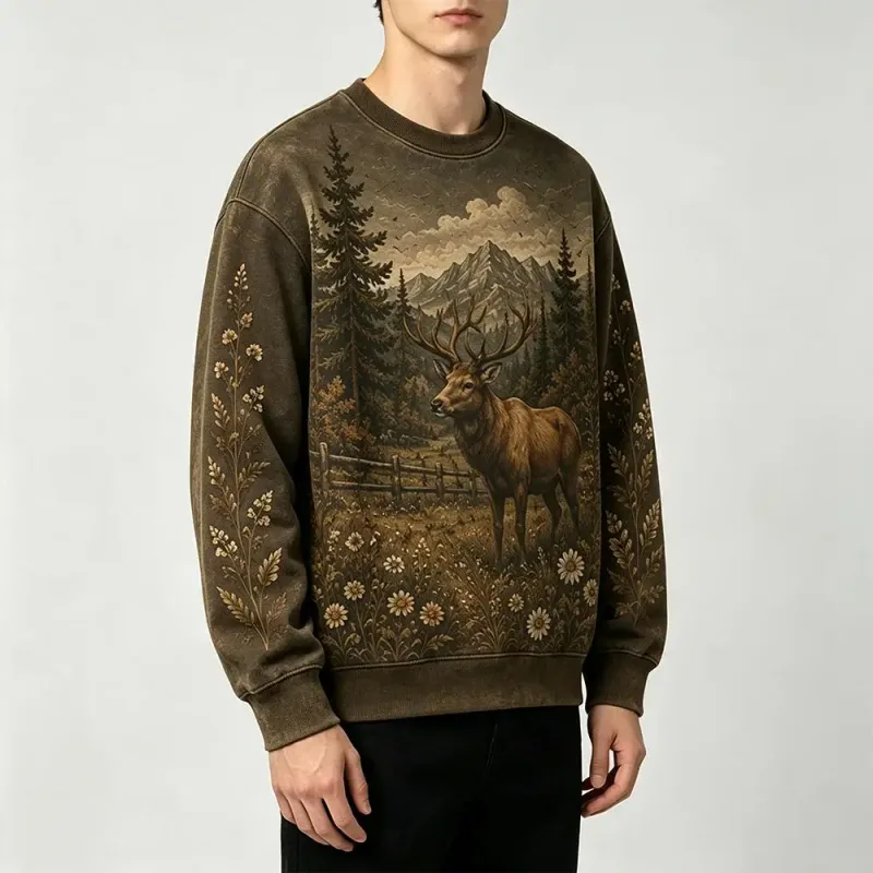 Wilderness Wildlife Print Crew Neck Sweatshirt Men Outdoor Vintage All Over Print Pullover Unisex Casual Street Long-sleeved Top — image 7