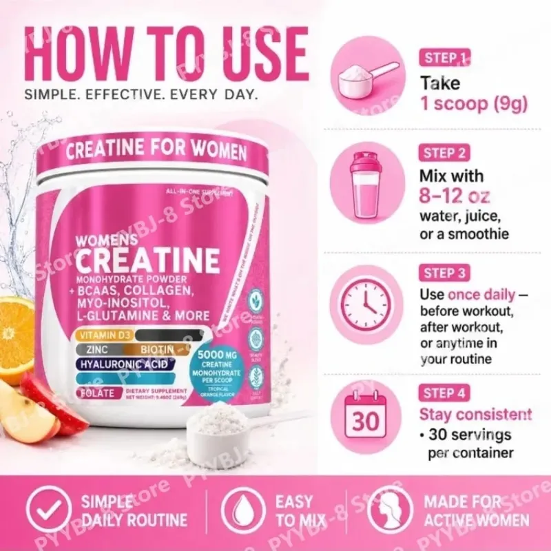 Créatine monohydrate en poudre pour femmes, 5000 mg, BCAA, multi-collagène, biotine, vitamine D3, orange tropicale, nutrition sportive, 30 portions — image 7