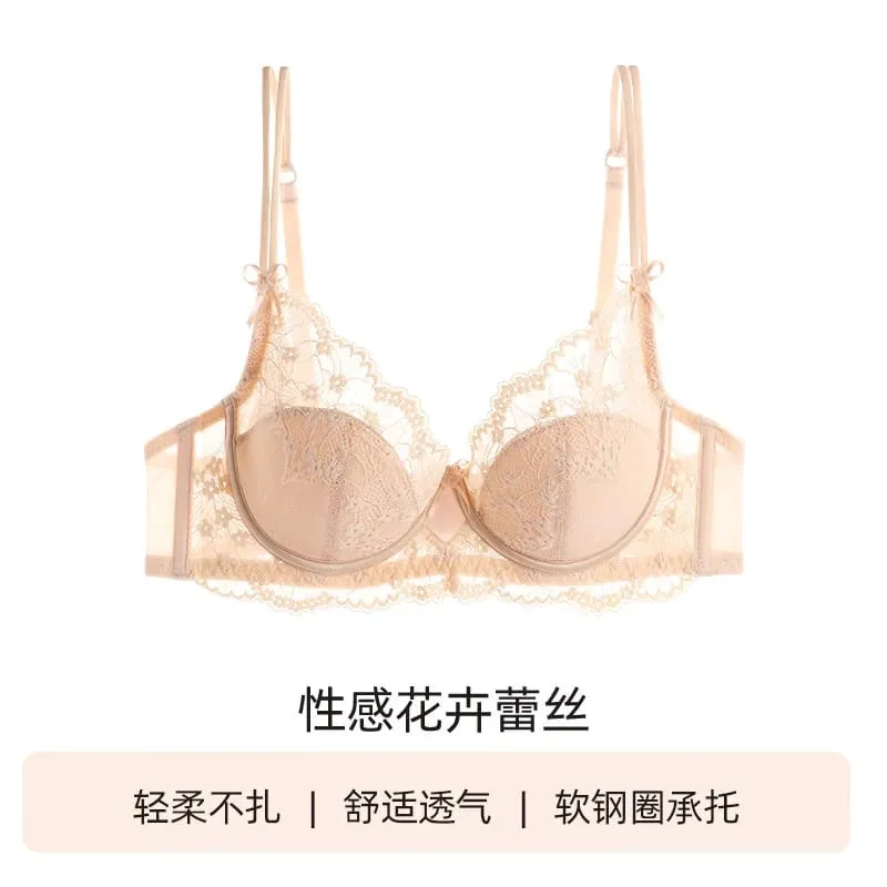 Women Pink Lace Full‑Cup Thin Minimizer Bra Set Push‑Up Anti‑Sag Support Lingerie Intimates For Large Breast Ladies Casual Daily