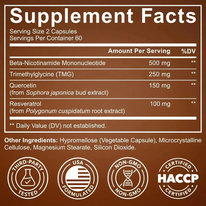 NMN Capsules 1000mg Beta Nicotinamide Mononucleotide TMG Quercetin Resveratrol NAD+ Metabolism Mitochondrial Function 120 Count — image 7