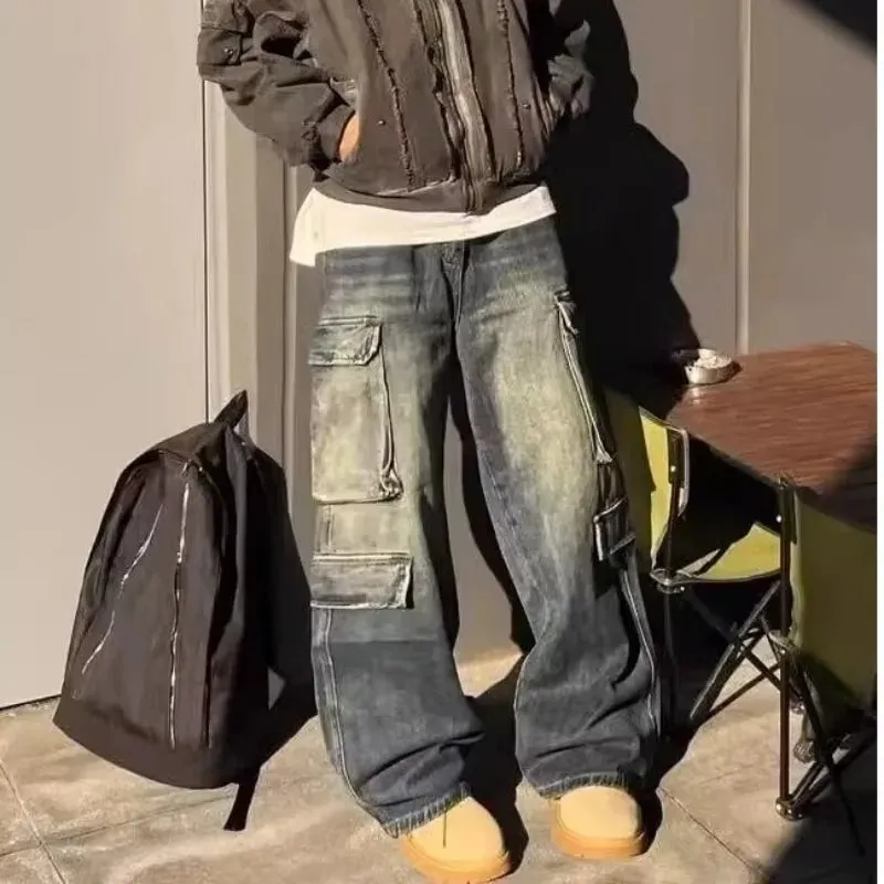 Men's Jeans Loose Fit Cargo Straight Leg Pants Vintage Wash Work Pocket Denim Trouser Man Pants Autumn Retro Streetwear