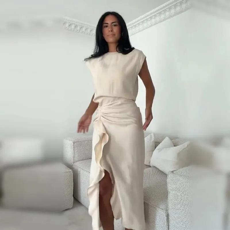 Elegant Beige Cap Sleeve Midi Dress Women Chic Round Neck Ruched Waist Ruffle High Slit Casual Gown Formal Office Party Dresses — image 6