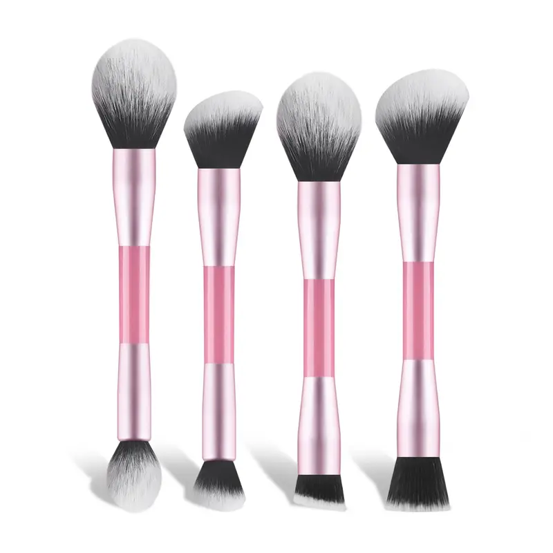 4Pcs Pink Double-Ended Makeup Brushes Set Easy Grip Plastic Handle Eyeshadow & Loose Powder Brushes — image 1