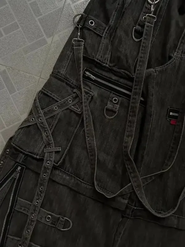 Mens Jeans Harajuku Vintage Gothic Punk Dark Grey Cargo Denim Pants Metal Buckles Chains Multi Pocket Adjustable Strap Y2K New — image 4