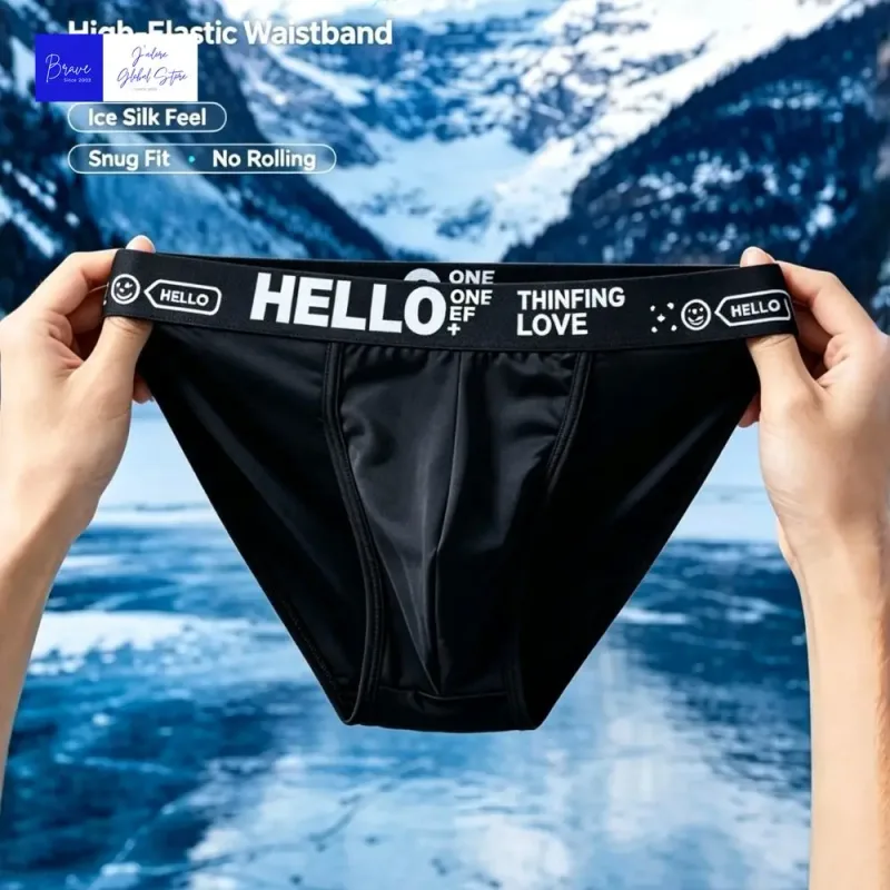 Men Trendy Ice Silk Bikini Briefs Hello Letter Print Moisture Wicking Breathable Athletic Underwear Stylish Cooling Underpants — image 7