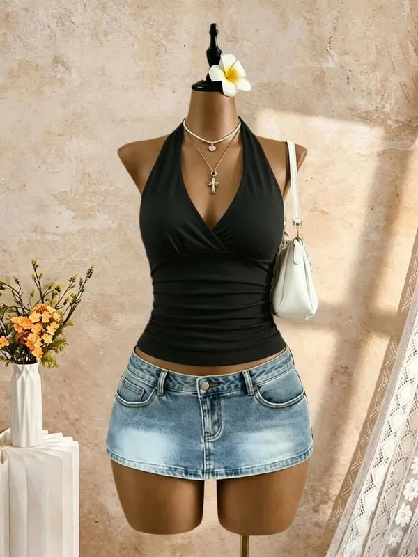 Women Halter Deep V Cross Wrap Side Ruched Slim Crop Camisole 2026 Summer Y2K Solid White Sleeveless Casual Daily Tank Top — image 7
