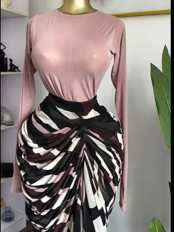 CM.YAYA Women Tie Dye Striped Patchwork Stacked Ruched Bodycon Midi Maxi Long Dress Fall Winter Education Vacation Prom Dresses — image 6