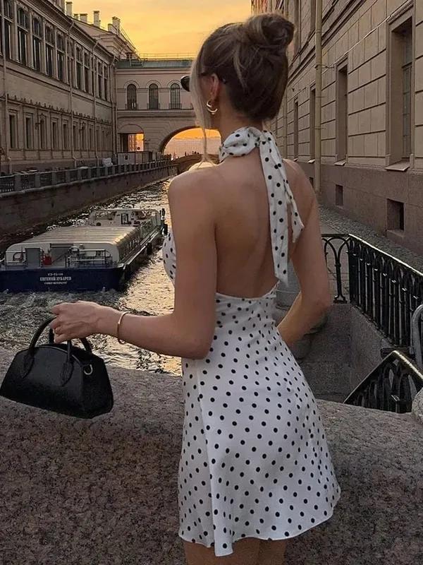 Polka Dot Elegant Off Shoulder Sleeveless Backless High Waist Halter Mini Dress Y2K Summer Fashion Club Party Vestidos — image 6