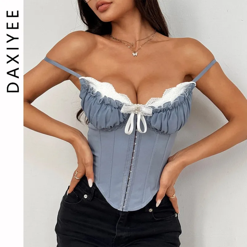 Sexy topy s výstřihem do V Y2K Crop Tops Krajka Patchwork Skládaný korzet s mašlí Sexy štíhlá košilka bez zad Tvar těla Rybí kost Prsatější — image 2