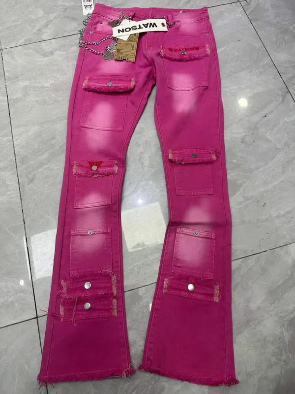 2026 Men's Multi-Pocket High Street Quality Slim Fit Skinny Long Denim Flared Men Yellow Red Pink Jeans Pants — image 4