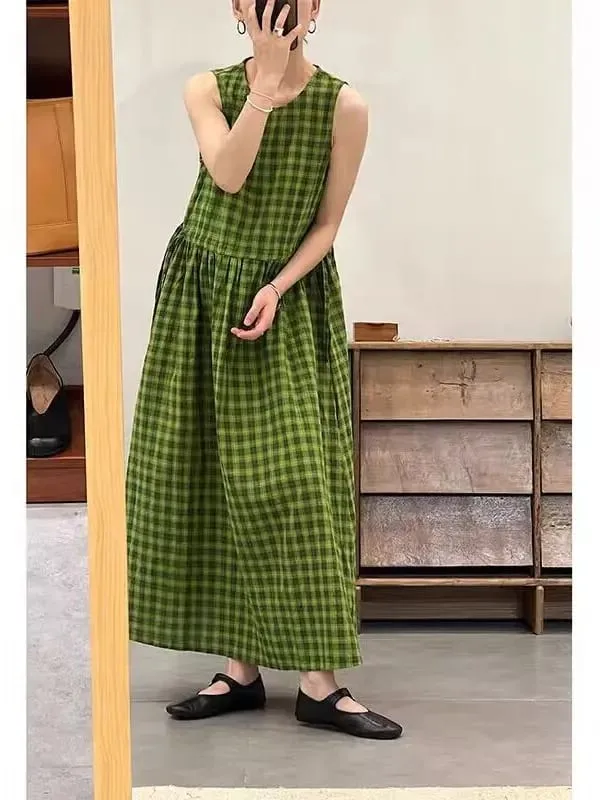 Slimming Plaid Cotton Lin Svel Long Dr Women's plus Size Dstring Waist round Ne Vest Skirt Commute Sle Summer... — image 4