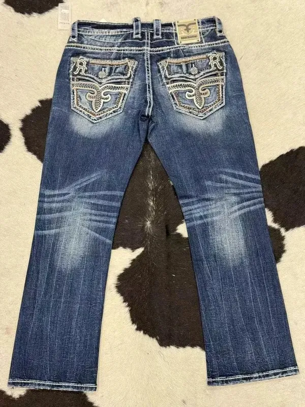 Retro trendy brand washed high elastic wide leg flared jeans Y2K summer blue embroidery American Gothic new fashion heavy street — image 7