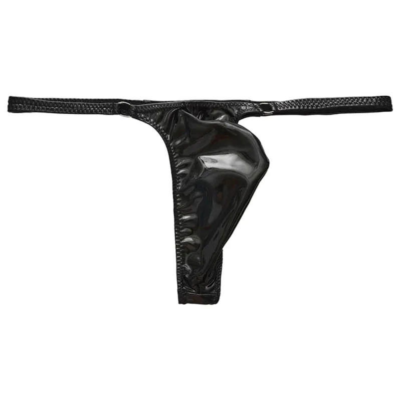 1pc Men Shiny Leather Waist With Metal Ring G-strings Thongs Gay Bulge Pouch Low Waist Stretchy Underwear Butt-Exposing Sexy — image 3