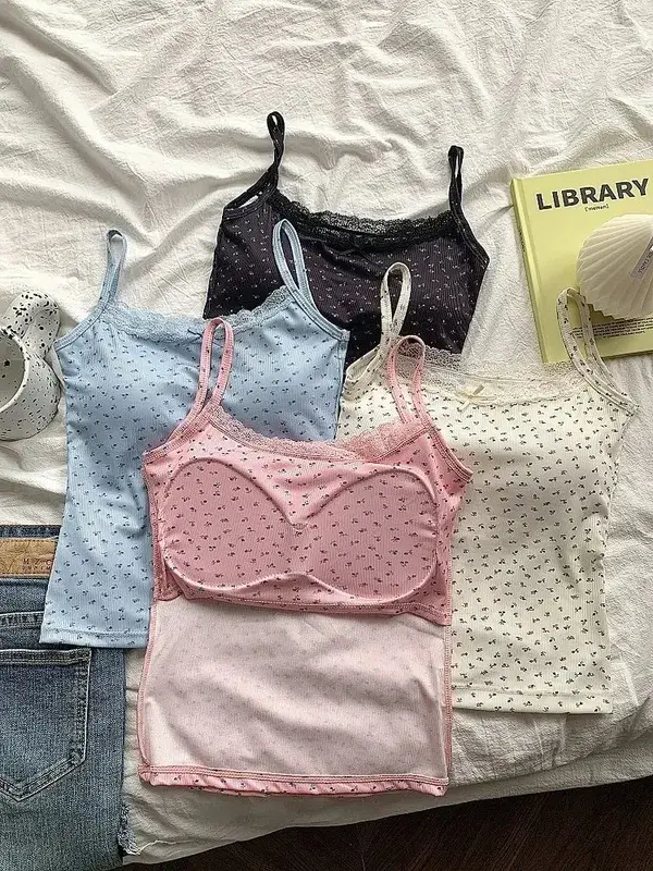 Elegant Lace Flower Print Slim Sexy Vest Floral Tops One Size Tank Spring Sweet Bowknot Style T-Shirt Casual Crop Top Summer — image 4