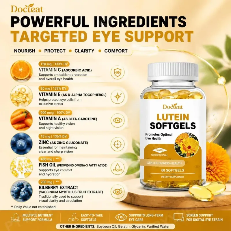 Docteat Lutein Zeaxanthin Softgels with Bilberry Fish Oil Astaxanthin Eye Health Daily Wellness Supplement for Adults60 Softgels — image 4