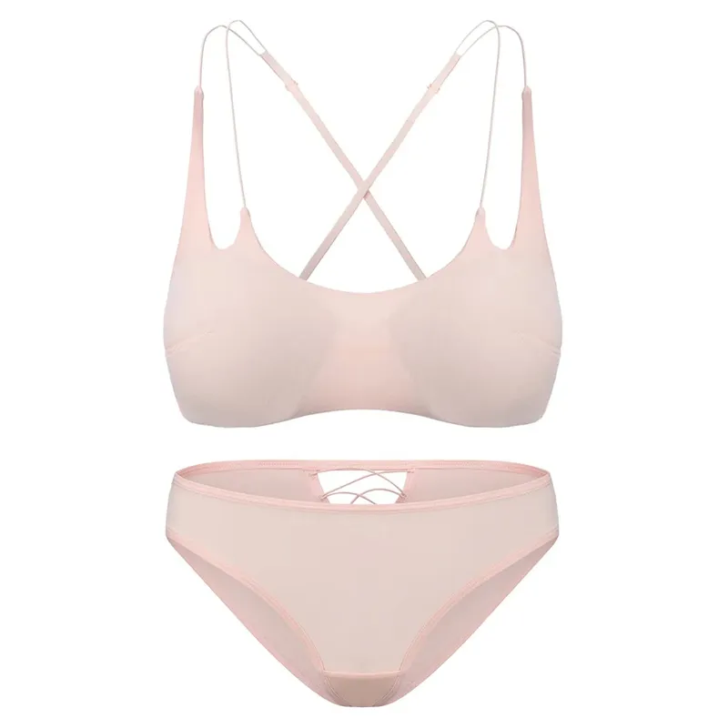 Smooth Wire Free Thin Insert Bra Panties Lingerie Set Spaghetti Strap Cross Backless Women Beautiful Underwear Three Ways Wear — image 3