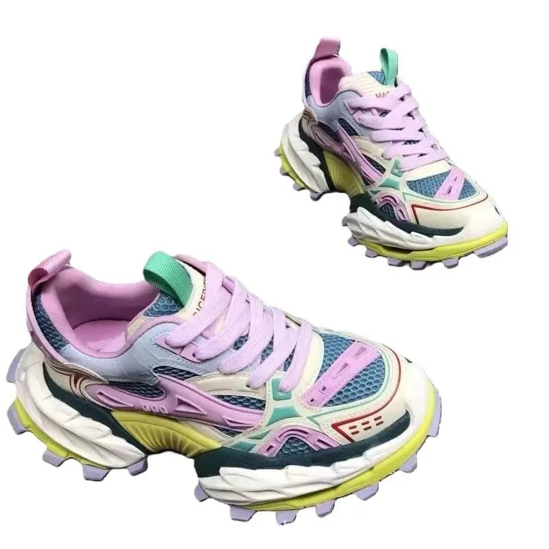2026 Men's Genuine Leather Elevated Dad Sneakers Color Block Mesh Chunky Casual Shoes With Thick Sole — image 5