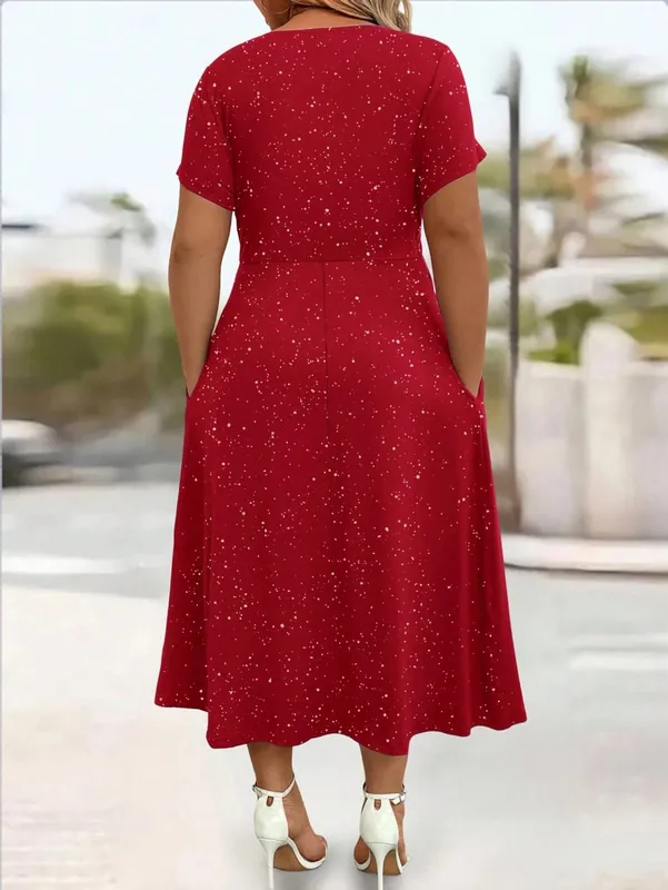 Ladies' elegant plus size powder sprinkled shiny twisted knot with pockets V-neck dress — image 2