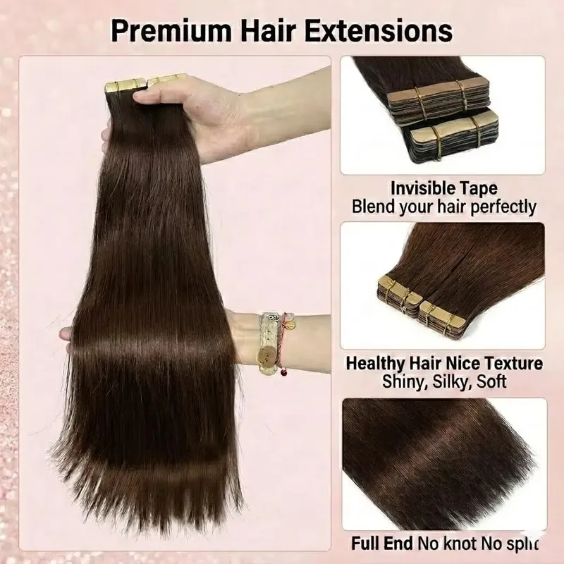 PU SKin Invisible Seamless Real Human Hair Tape in Hair Extensions Brazilian Dark Brown 16-24 Inch Remy Straight Hair 100% Human Hair For Women — image 6