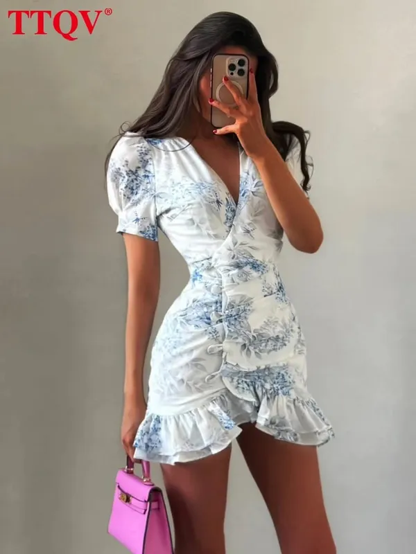 Sexy Slim Print Women's Dress 2026 Summer V-Neck Short Sleeve Mini Dresses Elegant Classic Ruffles Female Dress Streetwear — image 1