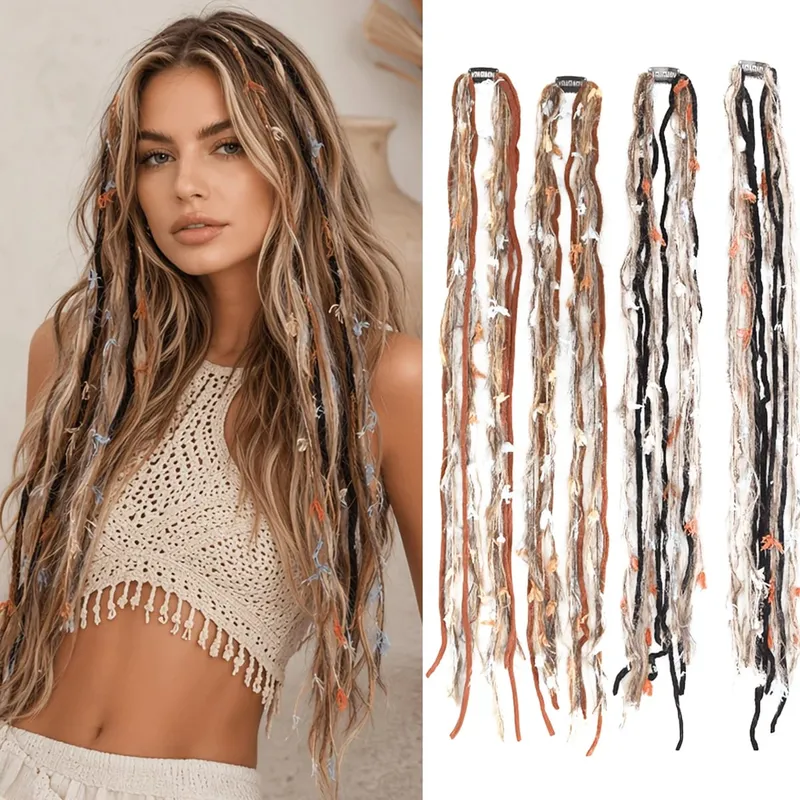 Clip In Dreadlock Hair Extensions Bohemian Frayed Wispy Thin Synthetic Boho Braids For Women Daily Rave Party Hairstyle