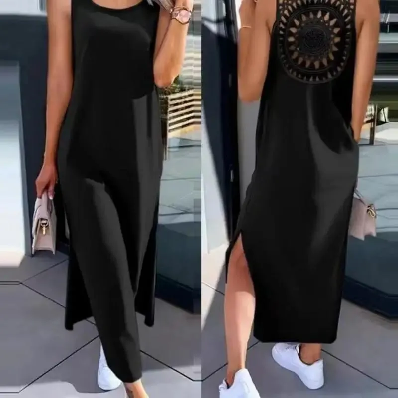 New Summer Casual Hollow Sexy Loose Dress Women Fashion Slit Sleeveless Party Dresses Women Round Neck Mid Length Ladies Dress