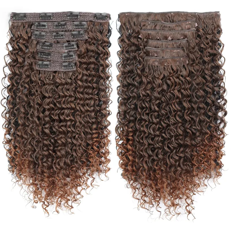 Synthetic Kinky Curly Clip On Hair Extensions Black Blonde Fluffy Kinky Curly Full Head Fake Pieces Hair Extensions For Women — image 10