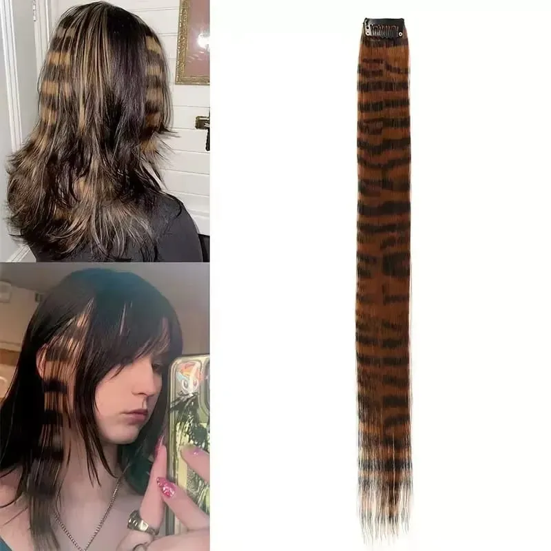 3pcs/set Stripe Printed Hair Colorful Long Straight Hair Pieces Synthetic Clip-in Hair Extensions for Daily Use Party Halloween