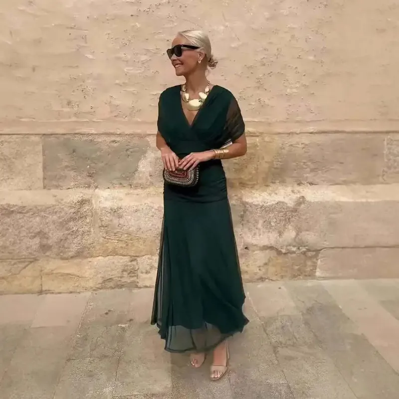 Women Solid Deep V-neck Mesh Long Dress Elegant Puff Short Sleeve Ruched Waist High Vestidos 2026 Summer Lady Casual Street Robe