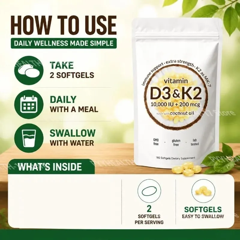 Vitamin D3 K2 Softgels with MK-7 and Coconut Oil 10 000 IU + 200 Mcg Adult Bone and Immune Wellness Support 180 Mini Softgels — image 5