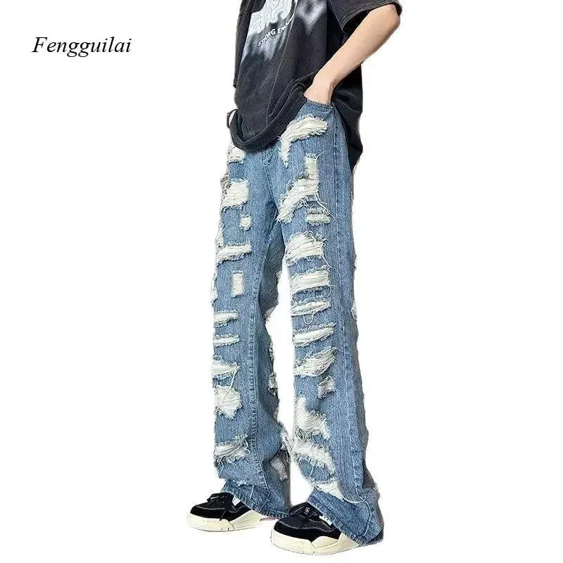 Vintage All-Over Ripped Baggy Jeans for Men Heavy Distressed Washed Blue Denim Streetwear Pants — image 6