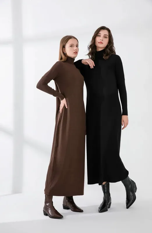 Abito invernale AS 2024 con collo alto e costine addensate, maxi abito basic con colletto rovesciato, morbido e confortevole (Spedizione in 1 giorno) — image 4