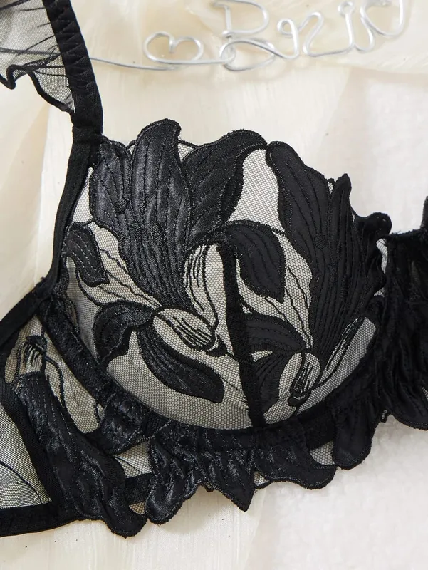 A4 Black 3D Floral Embroidery Lingerie Set Women Ruffle Underwire Bra & Thong Set Sheer Mesh Sexy Romantic Intimate Underwear — image 5