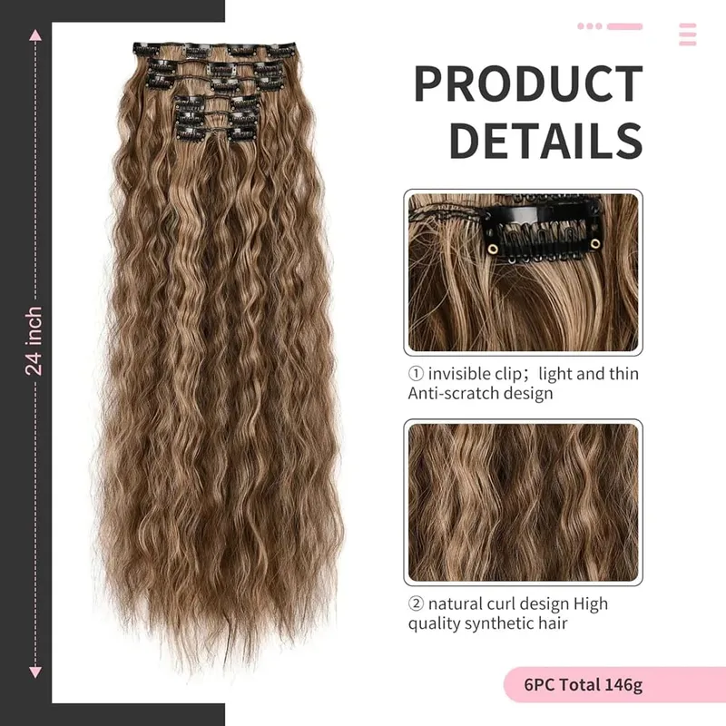 24 Inch Clip In Hair Extensions 6PCS Hair Extensions Long Water Wave Hair Full Head Synthetic Clip On Hairpiece For Women Girls — image 3