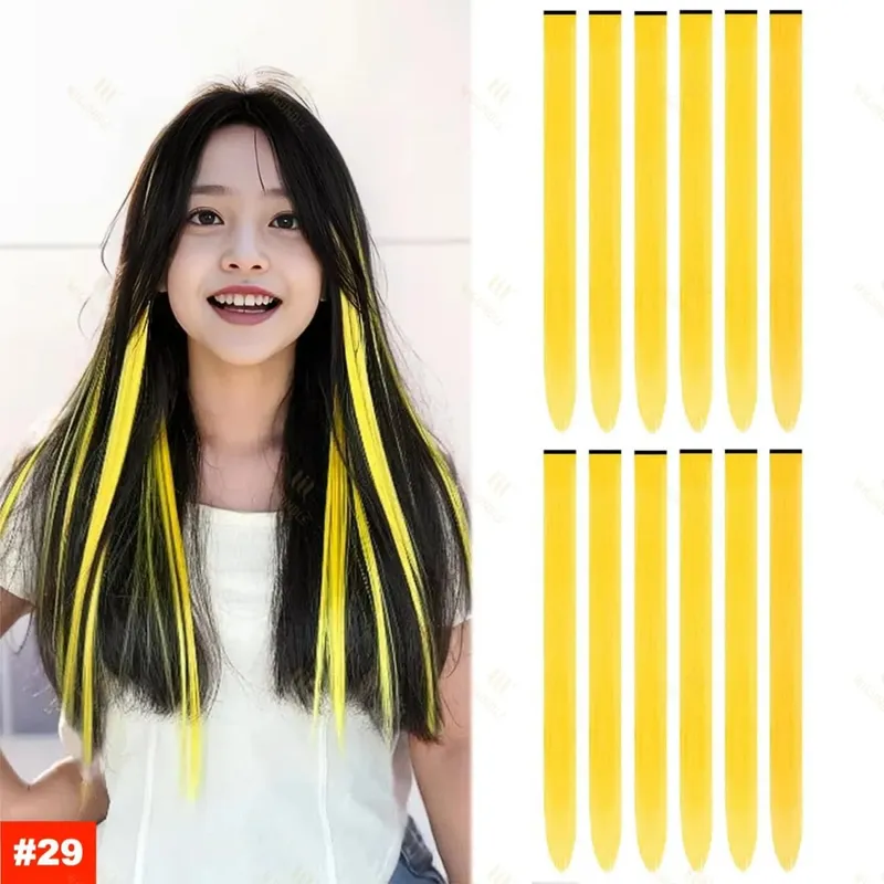 2026 Colored Highlight Hair Extensions 22 Inch Synthetic Rainbow Long Straight Hairpieces Purple Pink Blue for Women Girls Kids — image 21