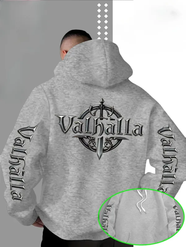 สไตล์สตรีทหลวมไวกิ้ง Valhalla รูปดาบโลโก้พิมพ์เสื้อสเวตเตอร์มีฮู้ดสำหรับผู้ชายเหมาะสำหรับฤดูใบไม้ร่วงและฤดูหนาว — image 3