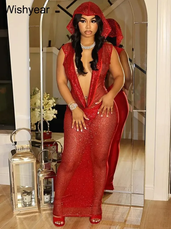 New Luxury Birthday Red Hooded Dress for Women Sexy Deep V Neck Sequins Glitter Mesh See Through Back Open Sparkly Evening Robe — image 2