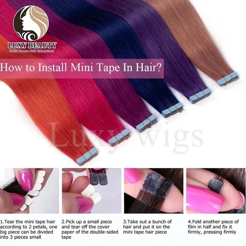 Colored Purple Mini Tape in Human Hair Extensions Invisible Seamless Tape in Hair 10pcs Pink Red Green Blue Mini Tape In Hair — image 7