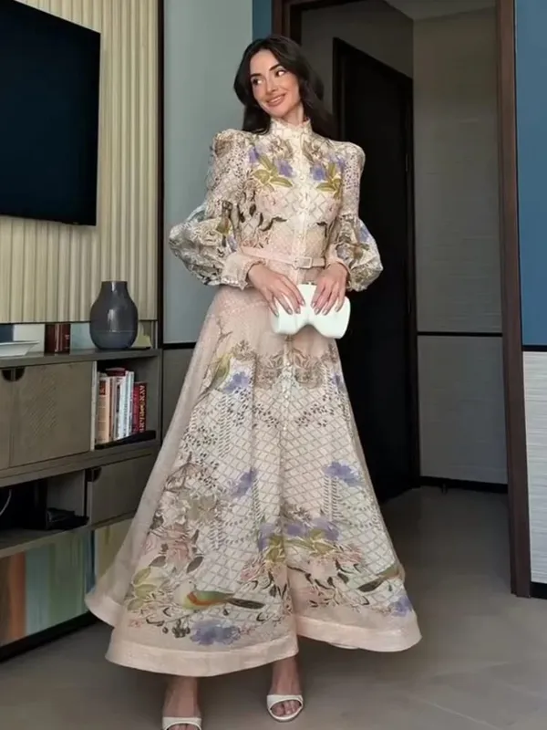 Elegant Floral Printed Women's Dress Stand Collar Full Puff Sleeve A-line Long Dresses 2026 Summer Vacation Party Lady Robes — image 2