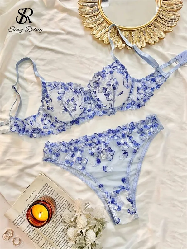 Mesh Sheer Lingerie Tweedelige Pakken Franse Bloemen Seusual Ondergoed Sets Vrouwen Borduren Sexy Bh & Slips Sets — image 4