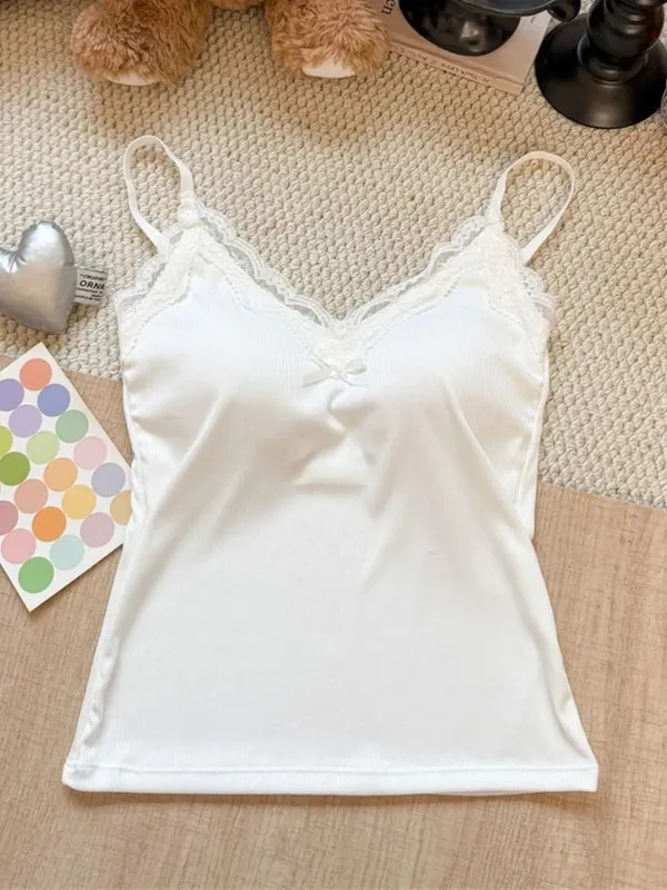 Spaghetti Strap Camis 2026 Summer Lace Ribbed Women Tank Top With Built In Bra Pads Slim Fit Crop Top For Inner & Outer Wear — image 12
