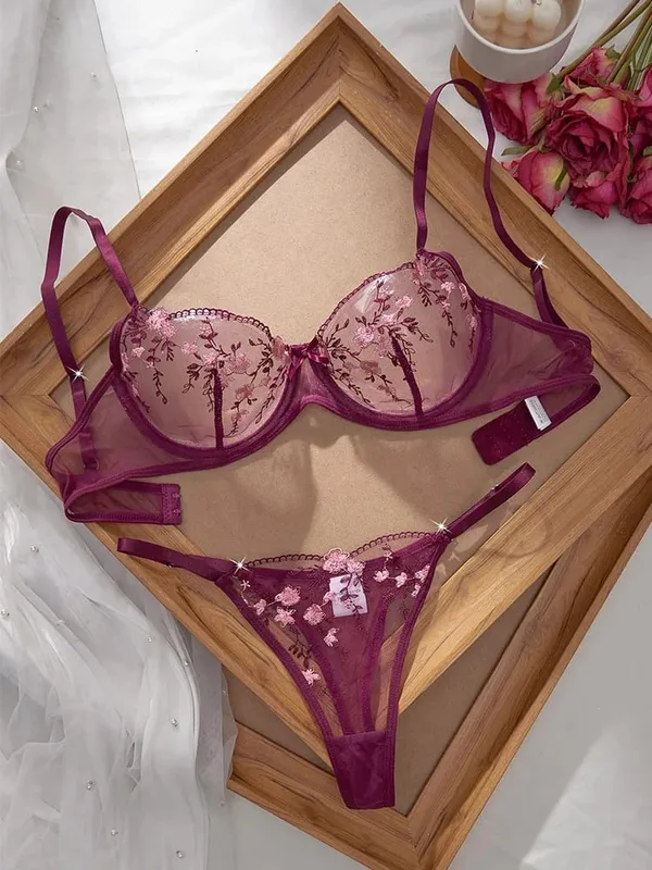 Romantic Women's Underwear Ultra Thin Floral Embroidery Sexy Lingerie See Through Pure Desire Lingerie Set Push Up Sexy Bras