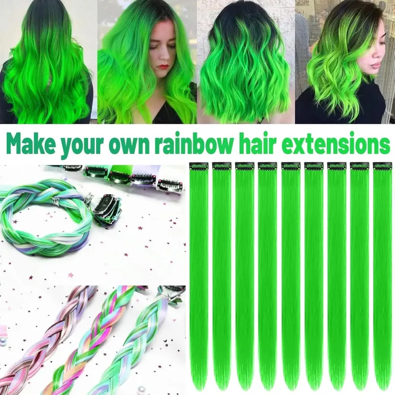 12 PCS Green Hair Extensions Clip in Colored Party Highlights Extension for Kids Girls Synthetic Hairpiece Straight 22 inch — image 3
