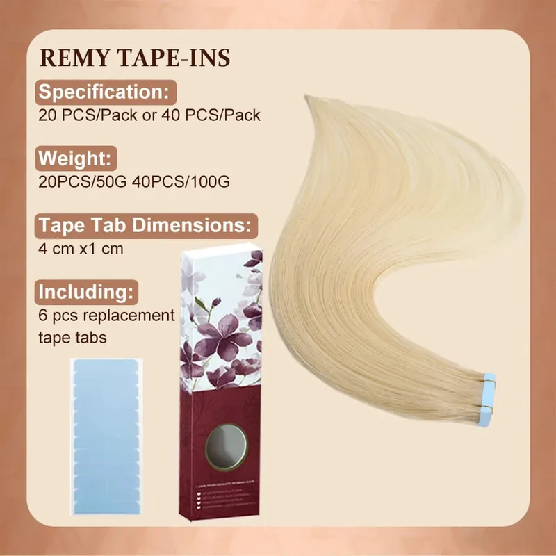 Blonde Tape in Hair Extensions Human Hair Platinum #60 Straight Seamless Skin Weft Tape in Real Human Hair Extensions 50G — image 4