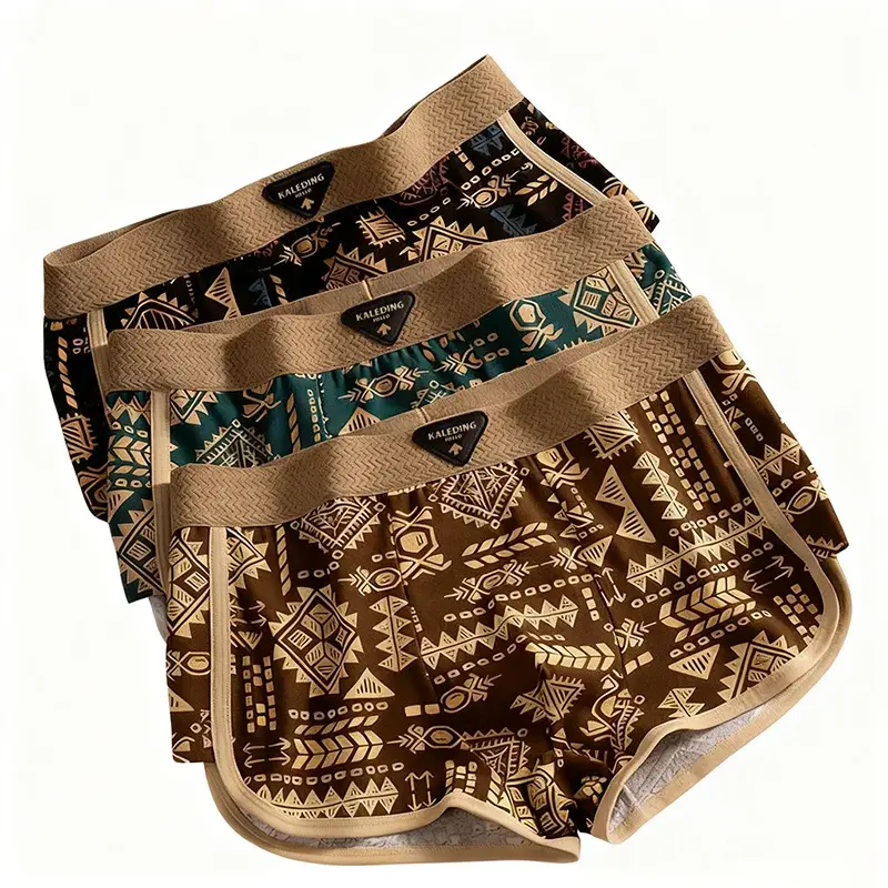 3Pcs Men's Boxer Briefs Retro Ethnic Style Print Underwear Soft Breathable Trunks Comfortable Stretch Daily Sleep Lounge Shorts