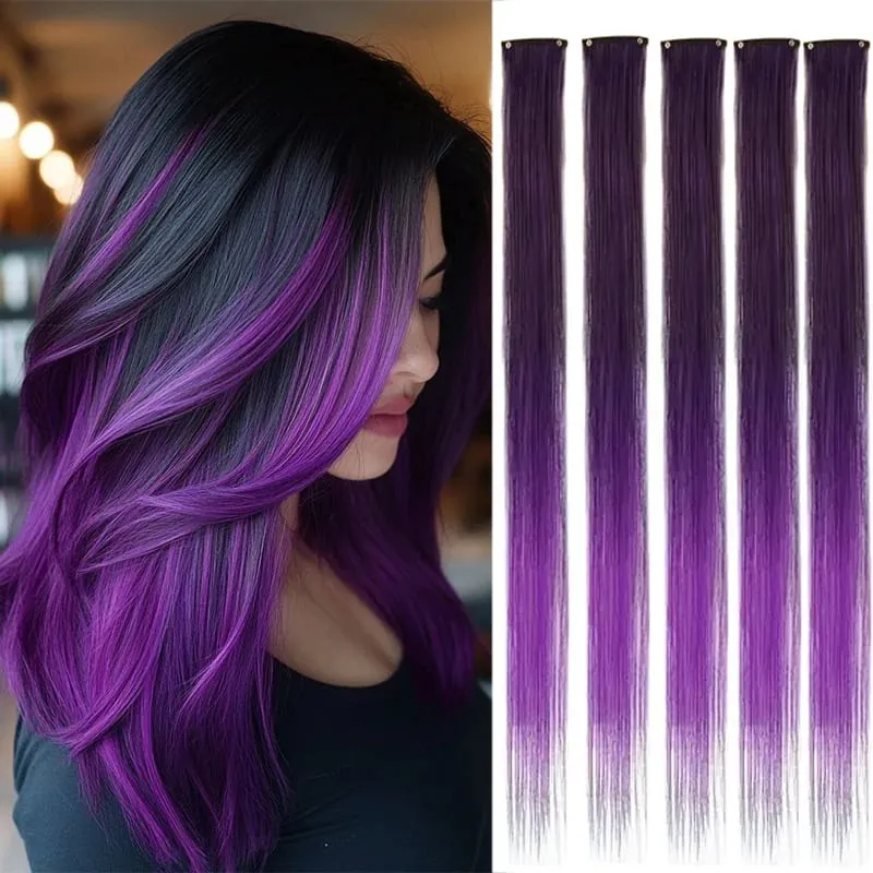 5 Pieces of Colorful Hair Clips 24 Inch Long Straight Fake Hair Clips Combined for Christmas Fashion Wig Pieces — image 14