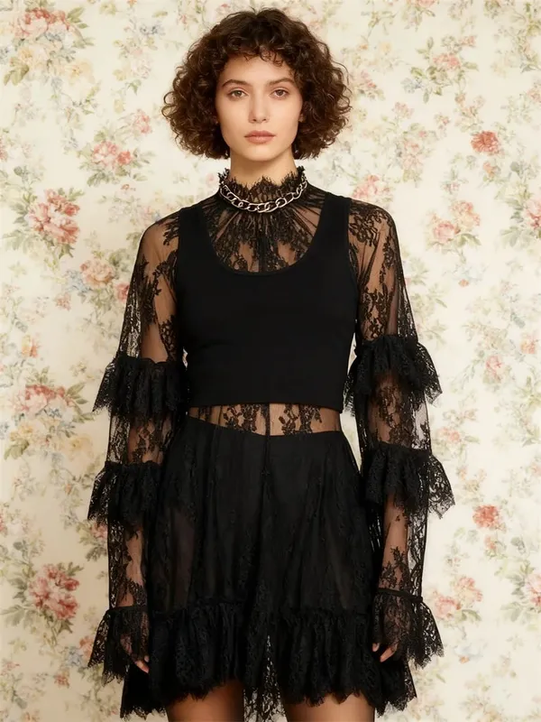 Women See Through Lace Dress Layered Flare Long Sleeve Crew Neck Ruffle Dress for Party Cocktail Club Dress Cover-ups — image 2