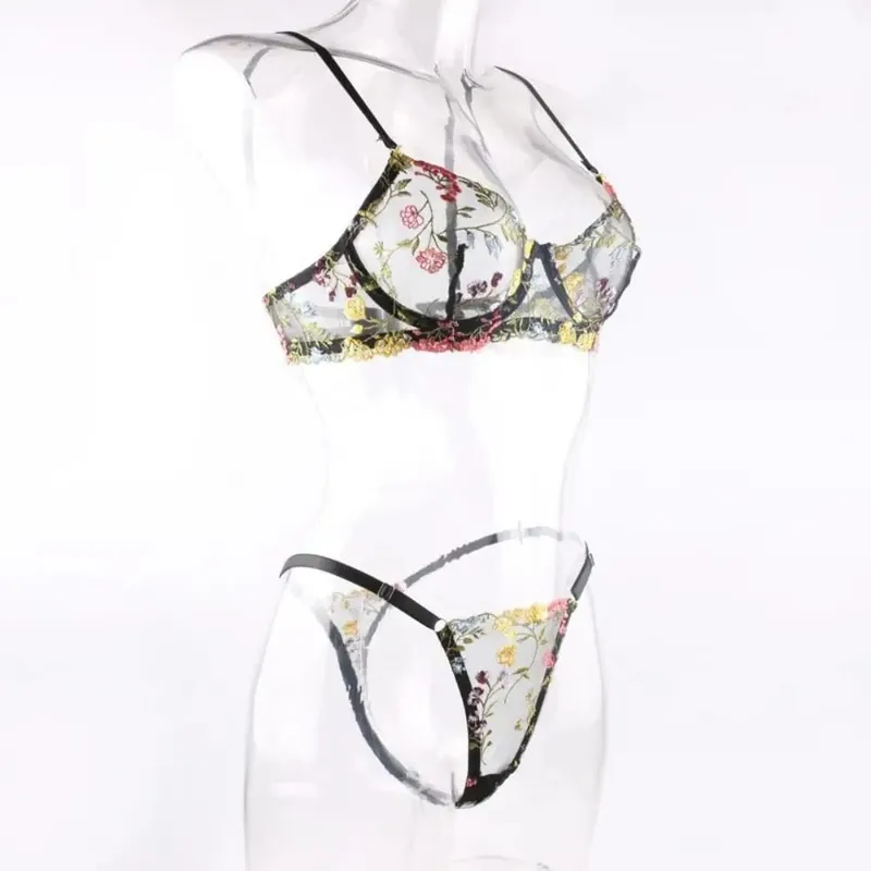 2-Piece Versatile Floral Lingerie Set Embroidery Sheer Boho Bra Panty Set Women Underwear — image 2