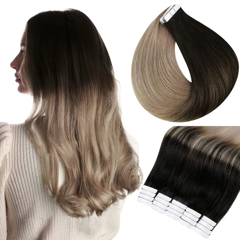 Full Shine Tape in Hair Extensions Human Hair Seamless Silky Straight Skin Weft 20Pcs 50G Add Length for Wedding
