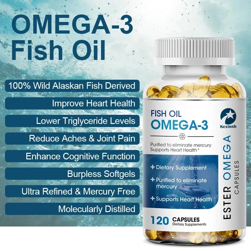 Kexinsh 120 Fischölkapseln 3600 mg Omega-3, reich an DHA EPA, unterstützen die Gesundheit von Haut, Augen, Herz, Gehirn und Immunsystem